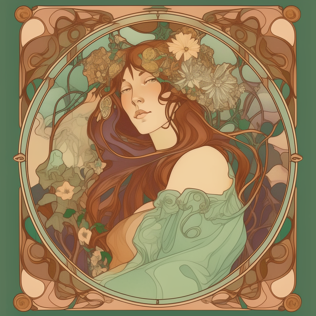 An art nouveau style book cover with an elegant young woman with long flowing hair, surrounded by flowers and decorative swirls, set against an ornate background, in the style of Alphonse Mucha