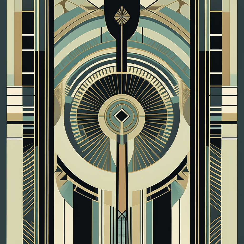 a vertically and horizontally symmetrical art deco style magazine cover with geometric shapes and patterns, without any text, square aspect ratio