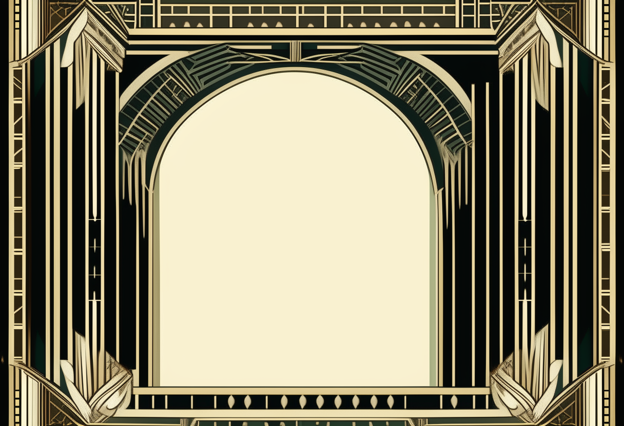 a symmetrical art deco frame with intricate geometric patterns only on the edges, surrounding a blank center, 11 inches wide and 8.5 inches tall