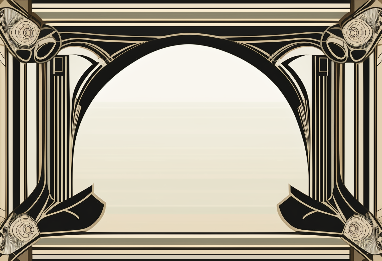 a symmetrical art deco frame with curved patterns on the edges surrounding a blank center, 11 inches wide and 8.5 inches tall