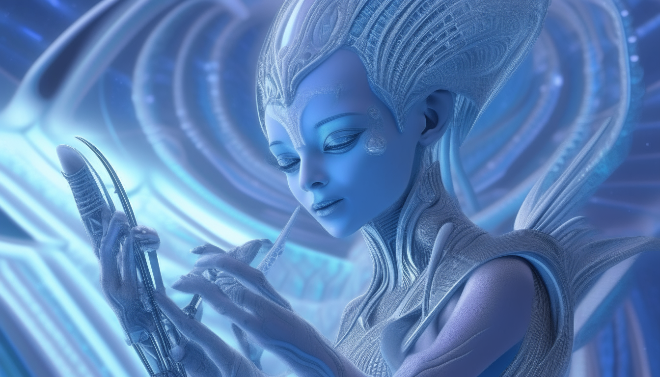 beautiful Arcturian alien Goddess with blue skin, large eyes and antennas, playing panpipes in a futuristic silver chrome alien landscape, with psychedelic lights creating patterns in the background, highly detailed 4k rendering, digital art