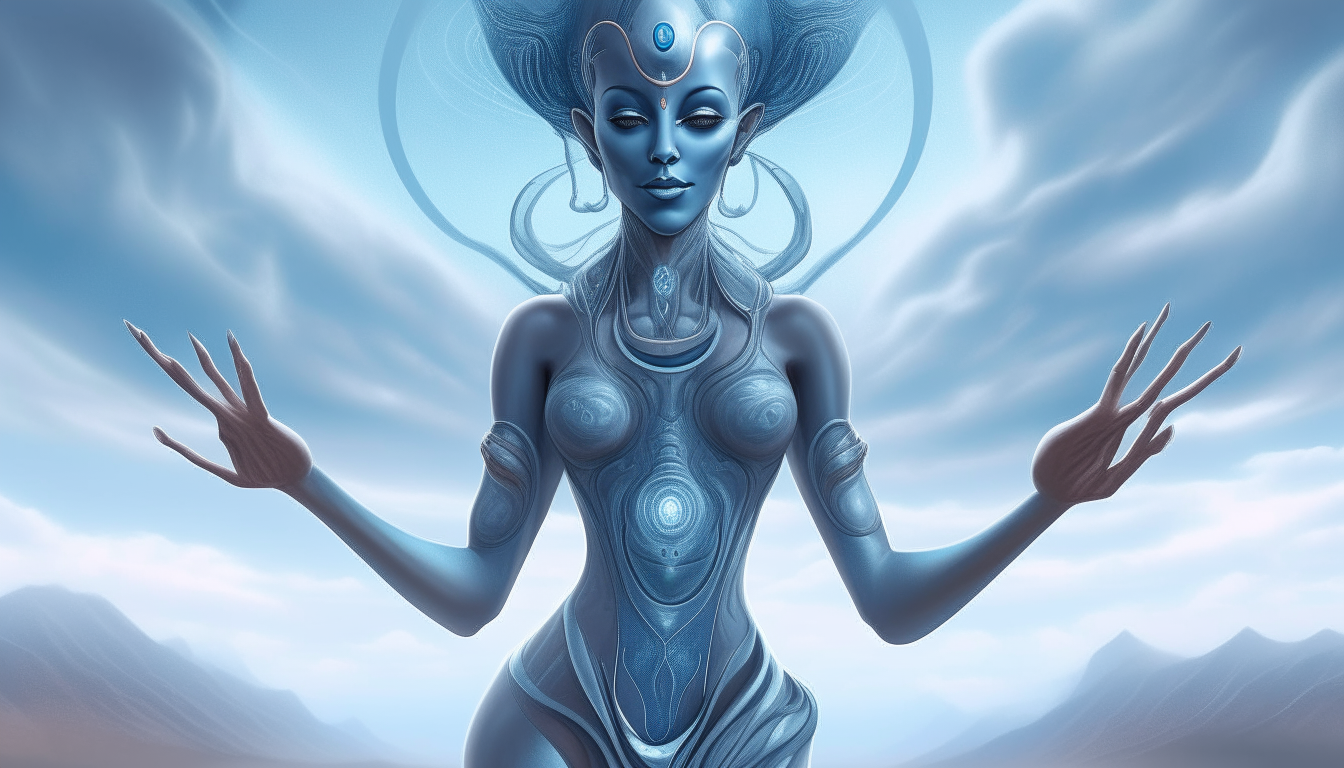 beautiful Arcturian alien goddess with blue skin, large eyes, antennas, dancing gracefully with flowing clothes on a cloud against a futuristic landscape