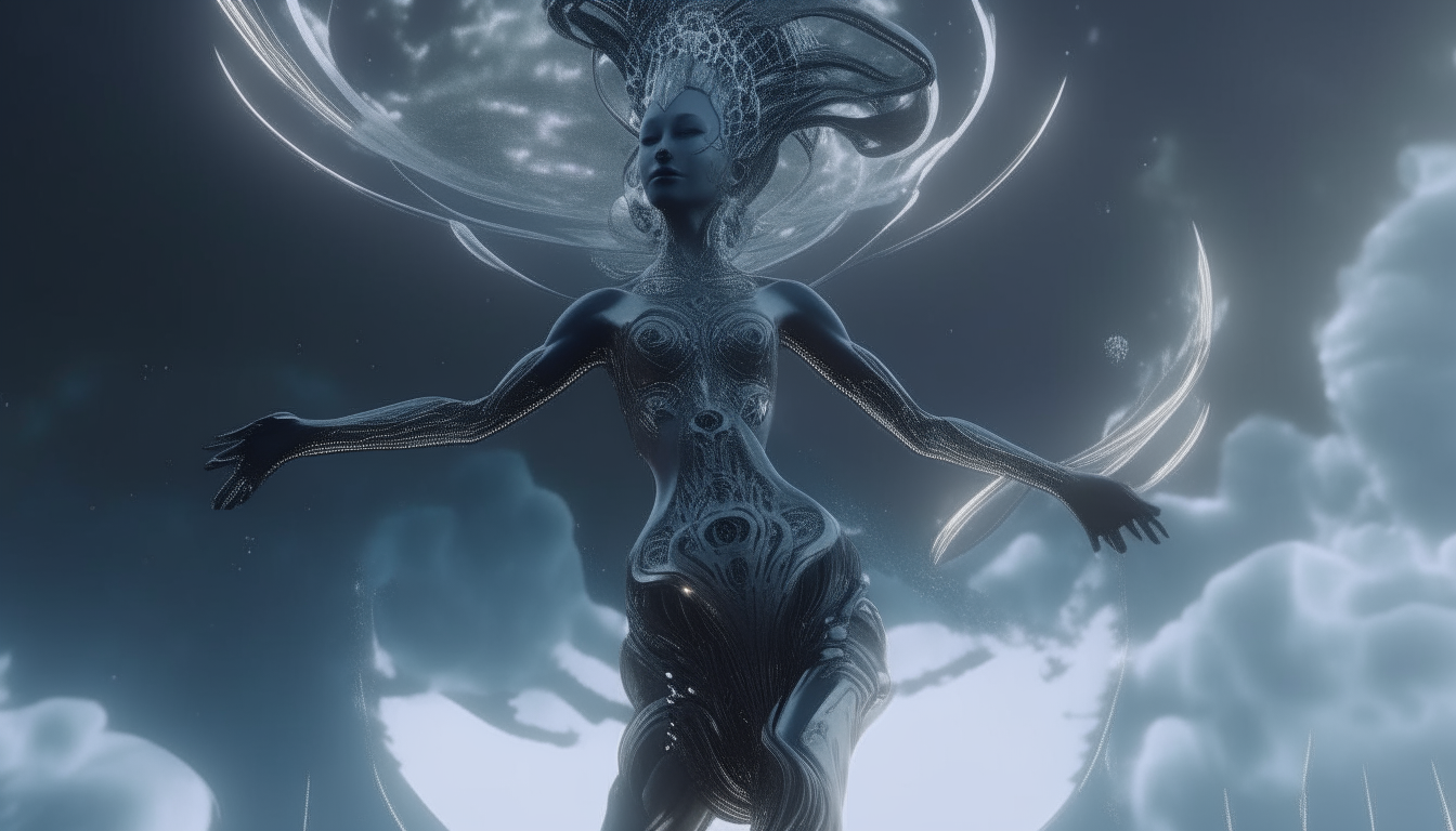 beautiful Arcturian alien Goddess dancing on a floating cloud in a silverchrome biomechanical living alien landscape, with pshchodelic lights creating patterns from the inner mind, intricate realistic details, 4K quality, dark sci-fi fantasy style