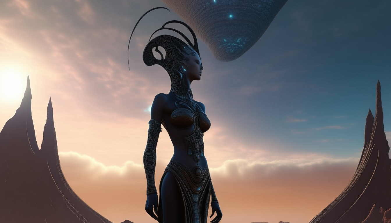 Elohiym lands with the beautiful Elohiym alien Goddess looking across the alien landscape stretching into the distance, with commets flying across the sky above, 16.9 aspect ratio, super high level intricate realistic details, 4K quality, dark sci-fi fantasy style