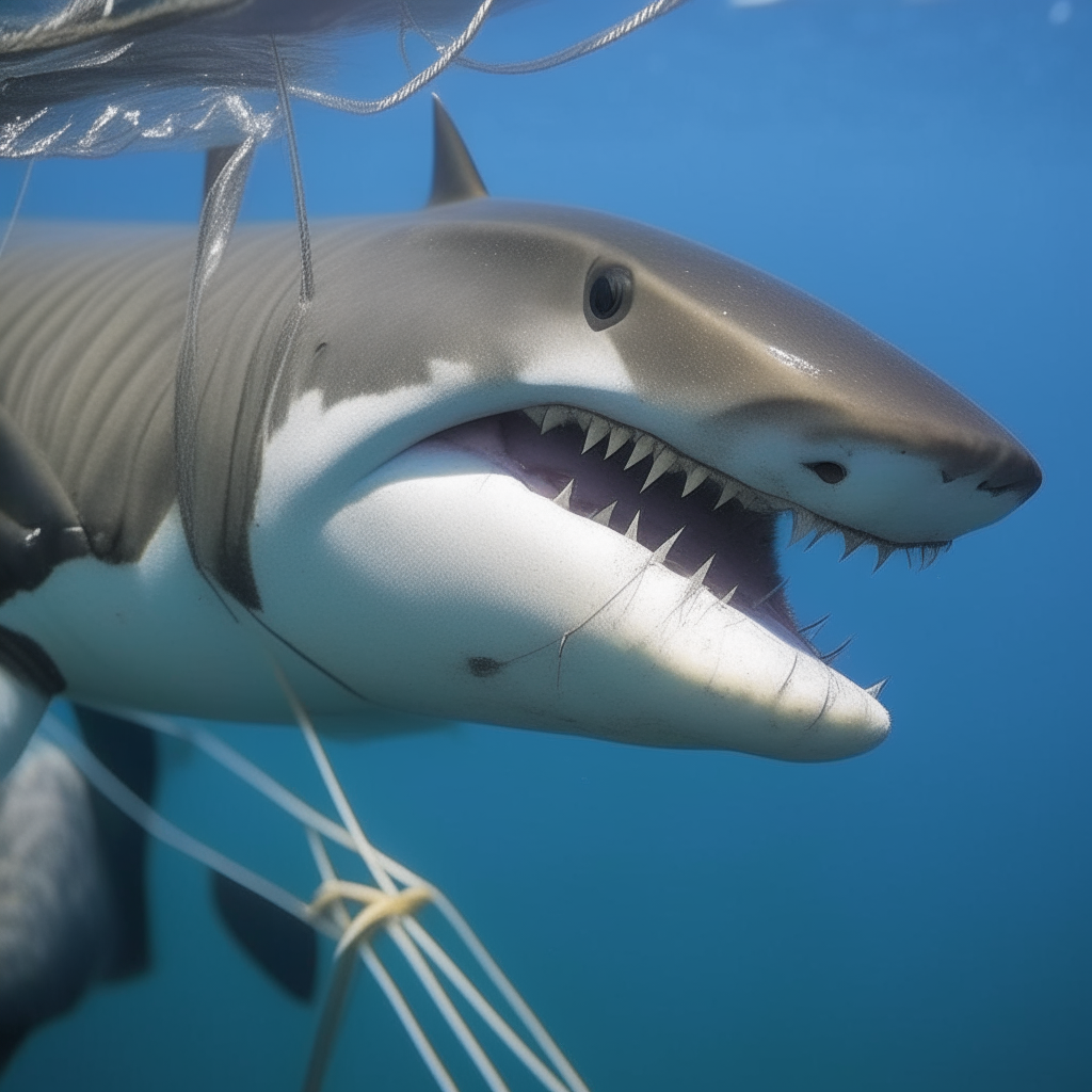 A shark showing compassion by helping a smaller fish untangle from a fishing net