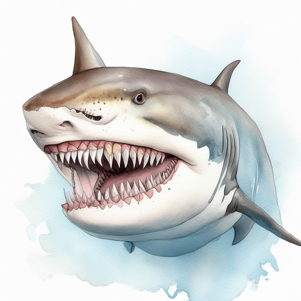 A pen and watercolor illustration of an anthropomorphic great white shark smiling