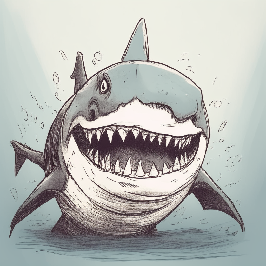 A silly cartoon sketch of an anthropomorphic great white shark with a huge toothy grin