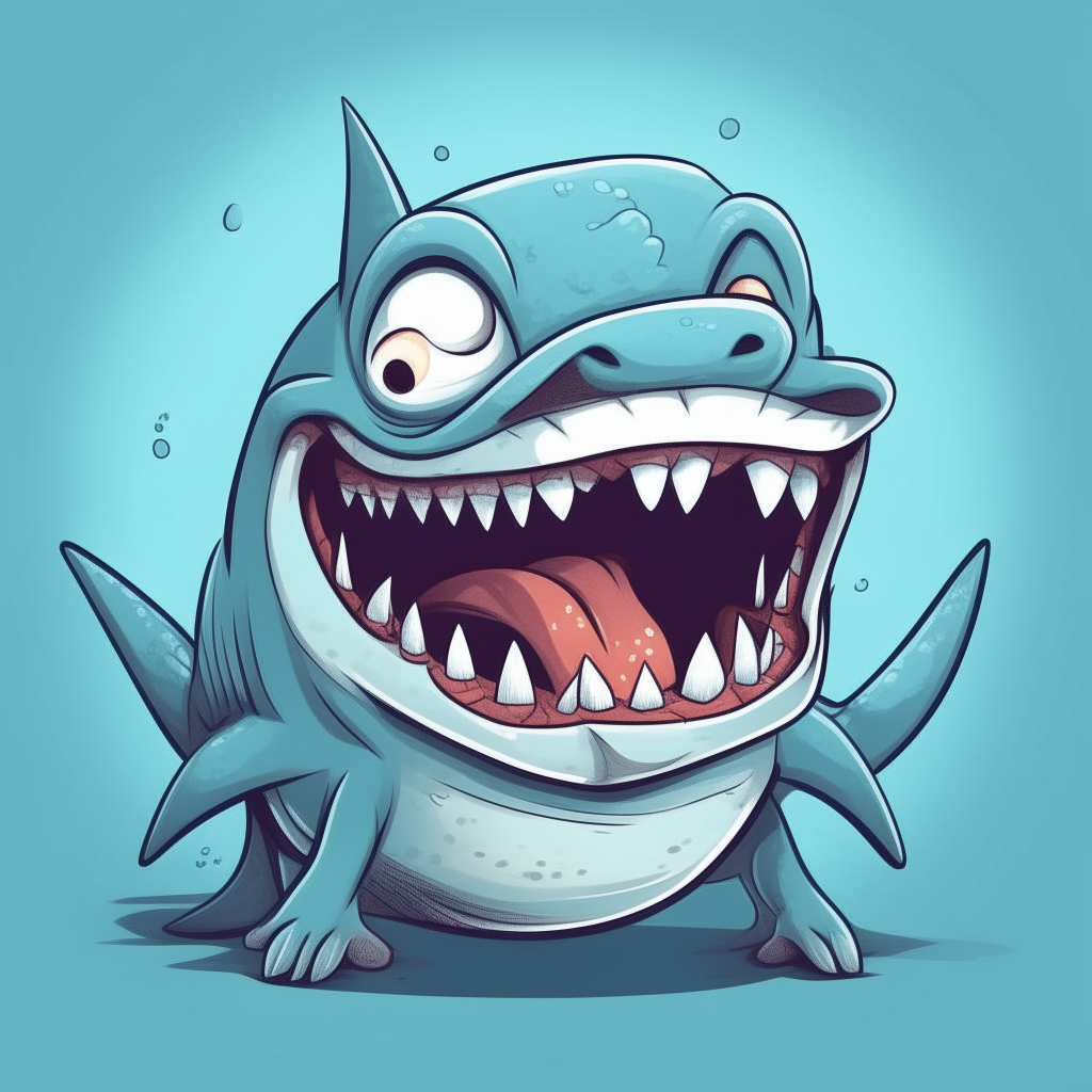 A goofy cartoon shark flashing its razor-sharp teeth in an exaggerated smile