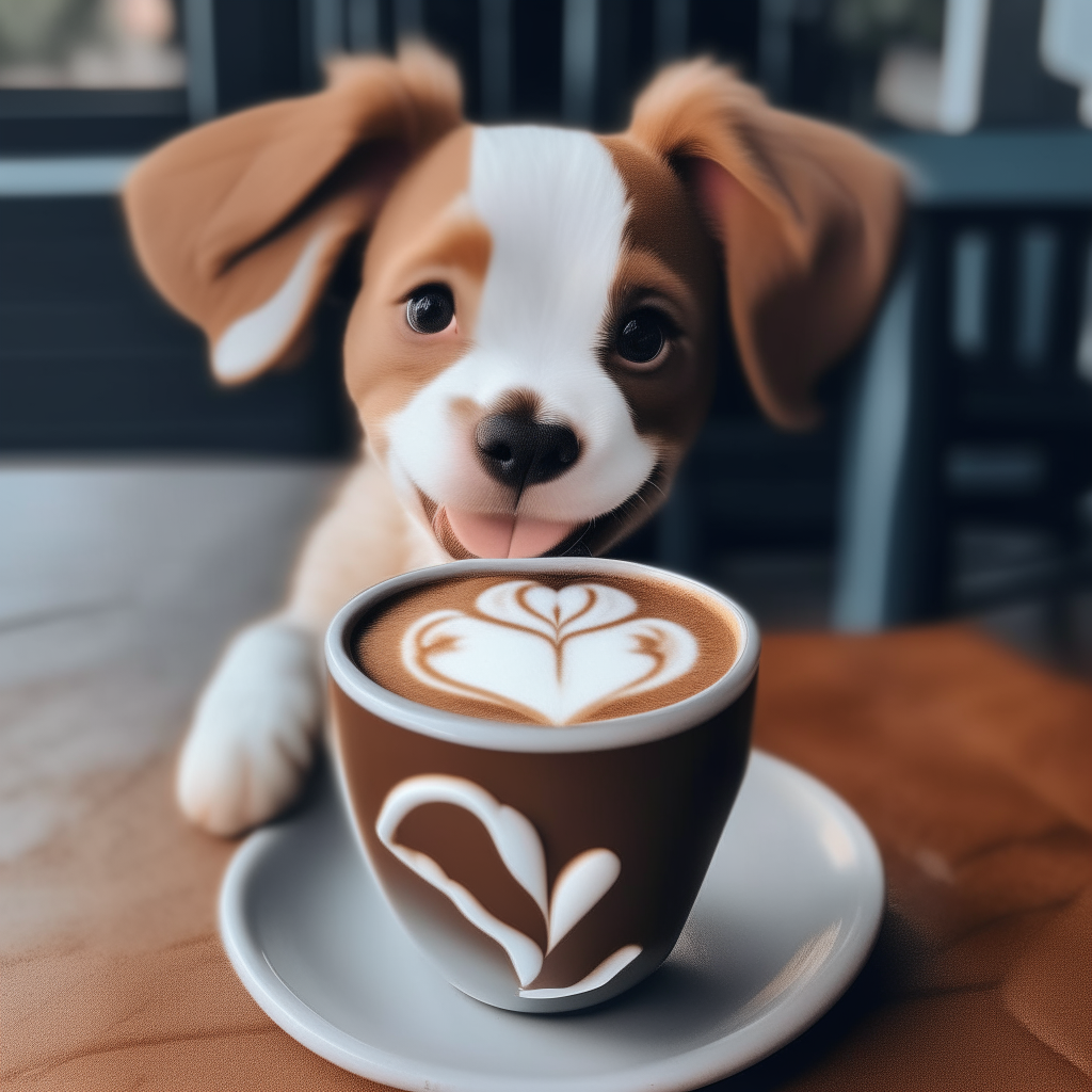 a happy puppy drinking a latte with heart-shaped foam art decorating the top