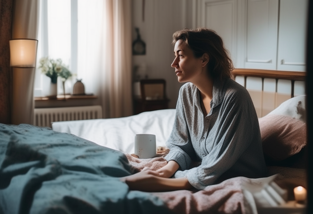 A lady talking in her bedroom on the bed 