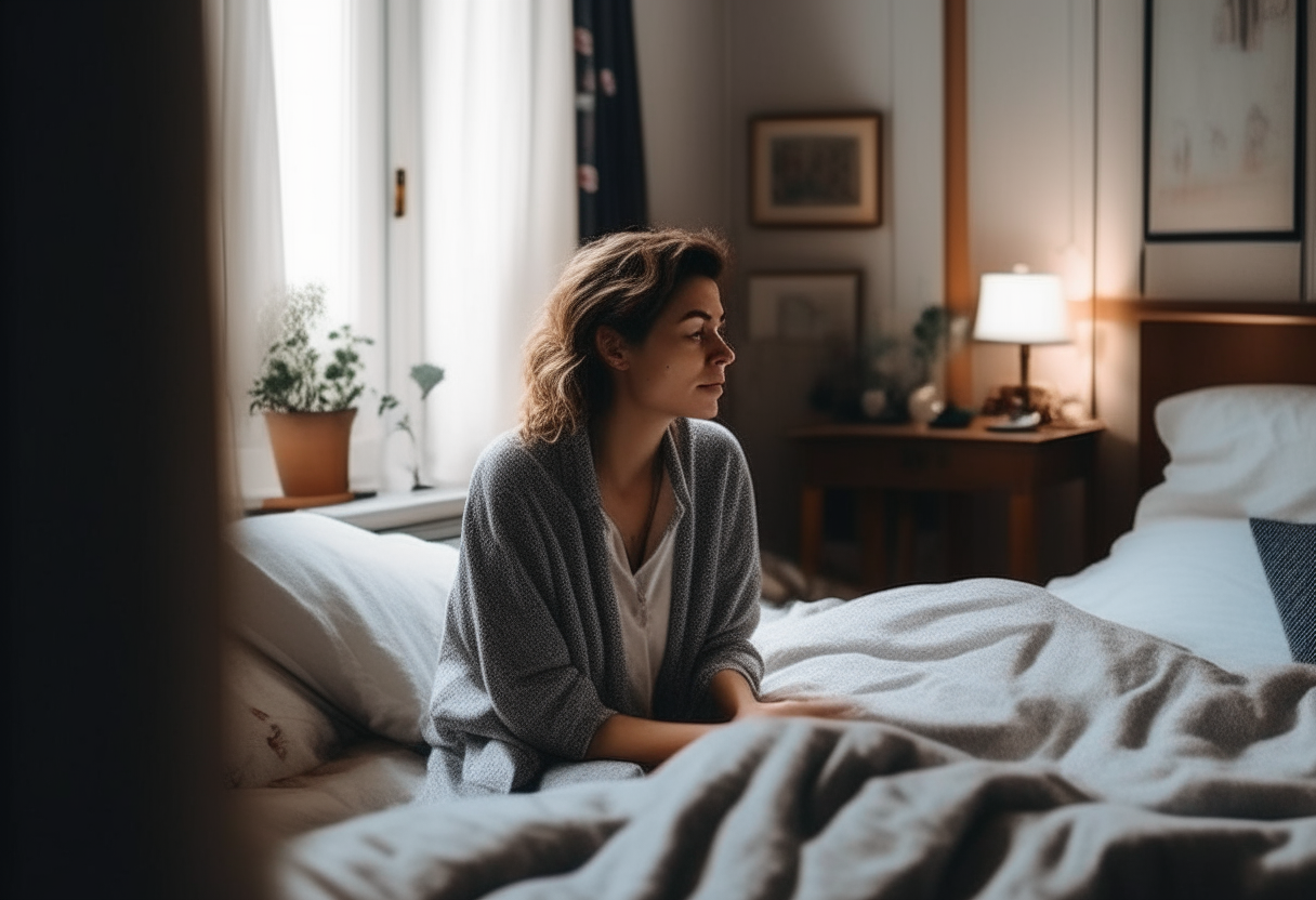A lady talking in her bedroom on the bed 