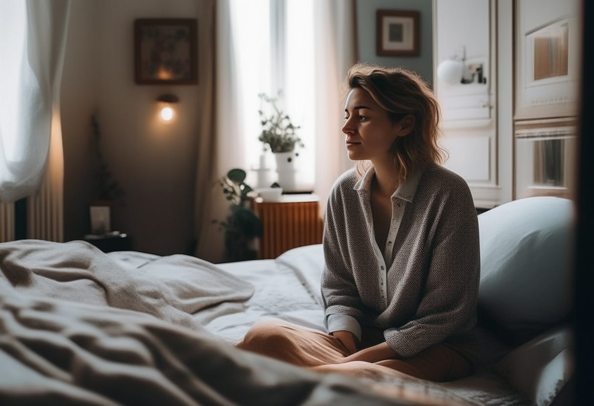 A lady talking in her bedroom on the bed 