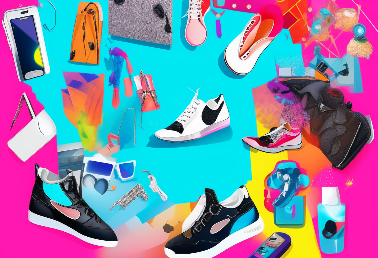 a collage of diverse products at incredible prices, including electronics like smartphones and tablets, fashion items like shoes and clothing in a variety of styles, all arranged on a colorful background and surrounded by dollar signs to represent savings