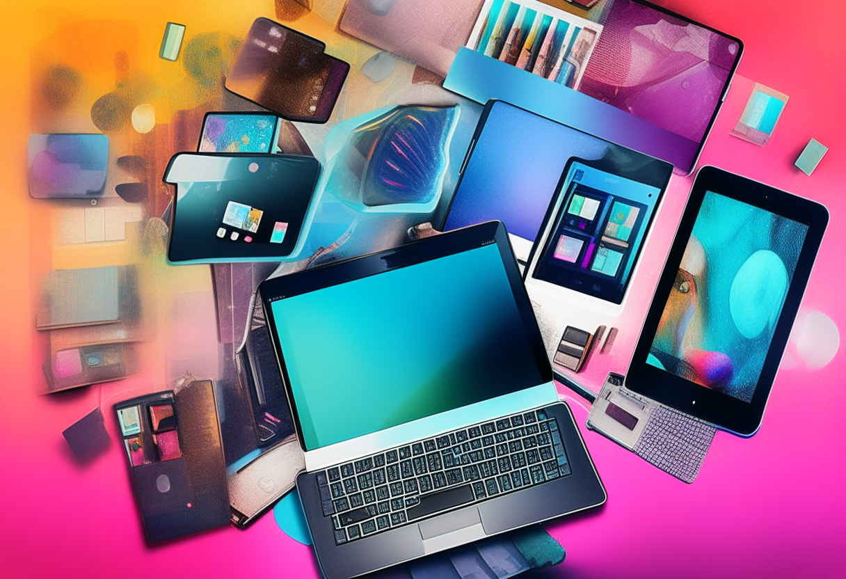 an artistic collage of various technology products including smartphones, tablets, laptops and more arranged on a colorful abstract background