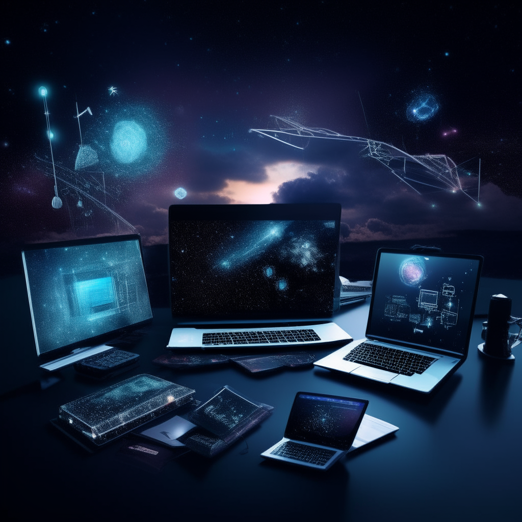 Various tech gadgets arranged artfully against a night sky, with code and website designs reflected in screens