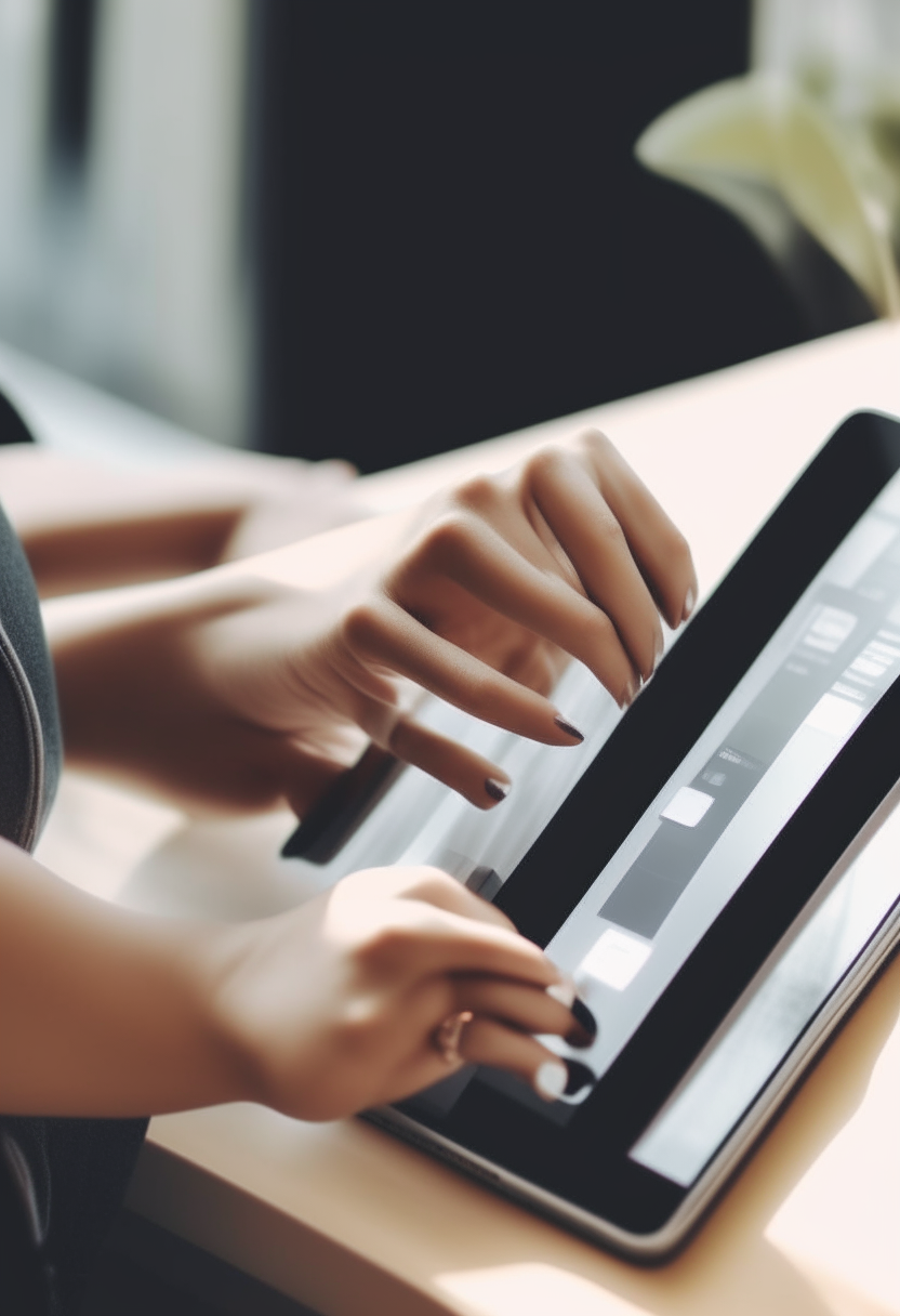 A closeup of hands using a tablet to browse and purchase items on a sleek ecommerce platform