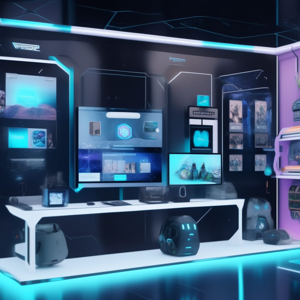 A futuristic online storefront displayed across screens with tech accessories and other products floating around