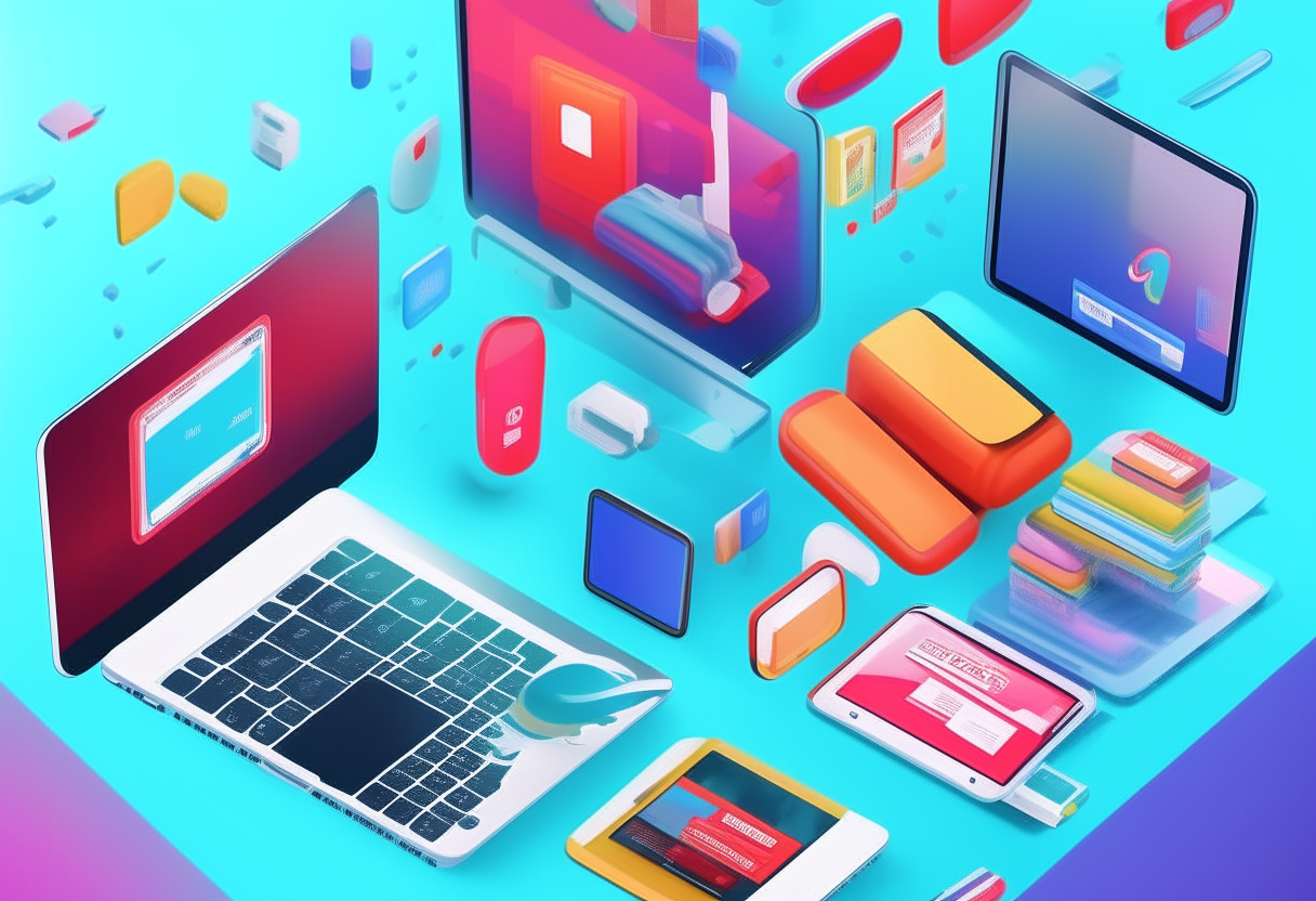 Various tech products floating in a colorful digital landscape