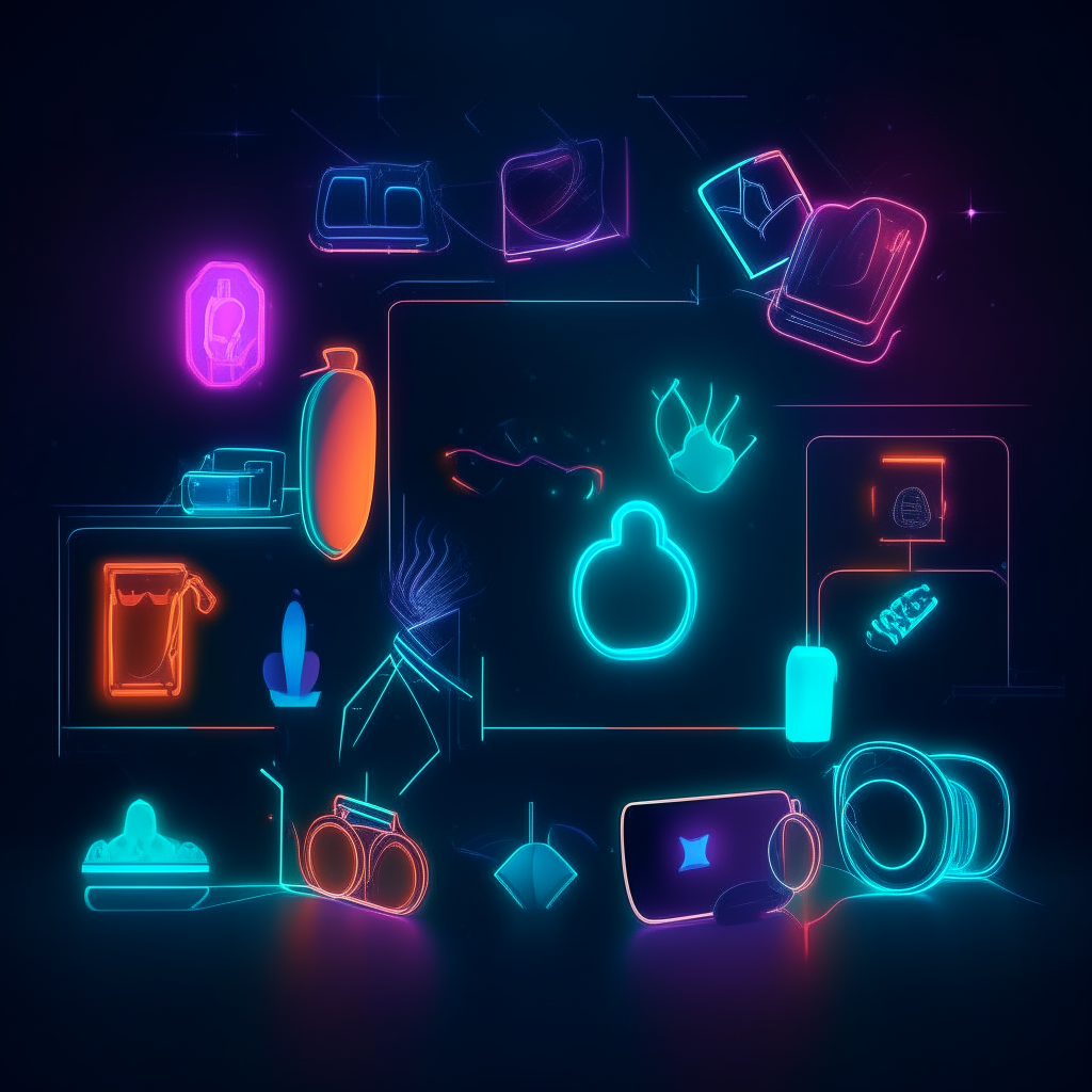 Neon shapes and icons glowing against a dark backdrop, with tech products floating among the lights