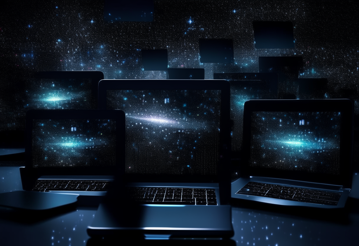 Pulsating pixels and code flowing across screens displayed on devices, set against a starry night sky