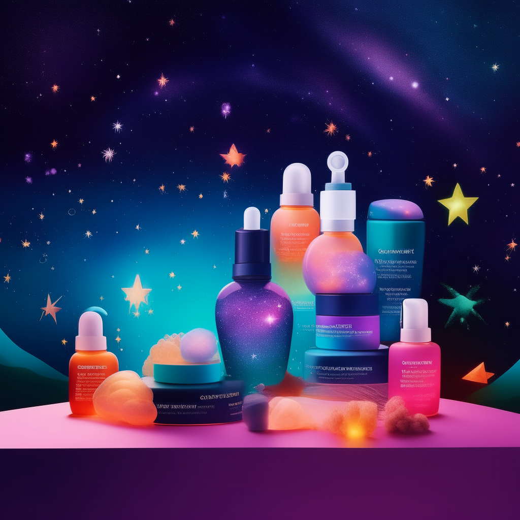 Colorful skin care products floating against a night sky filled with glowing skin cell illustrations