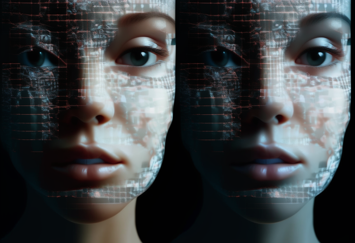 Pulsating pixels forming faces across screens, zooming in on skin to showcase a skincare routine