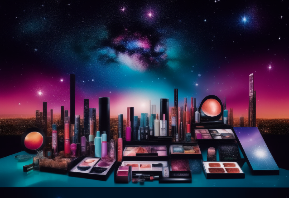 Colorful makeup products floating in the night sky above a city, with faces reflected on billboards