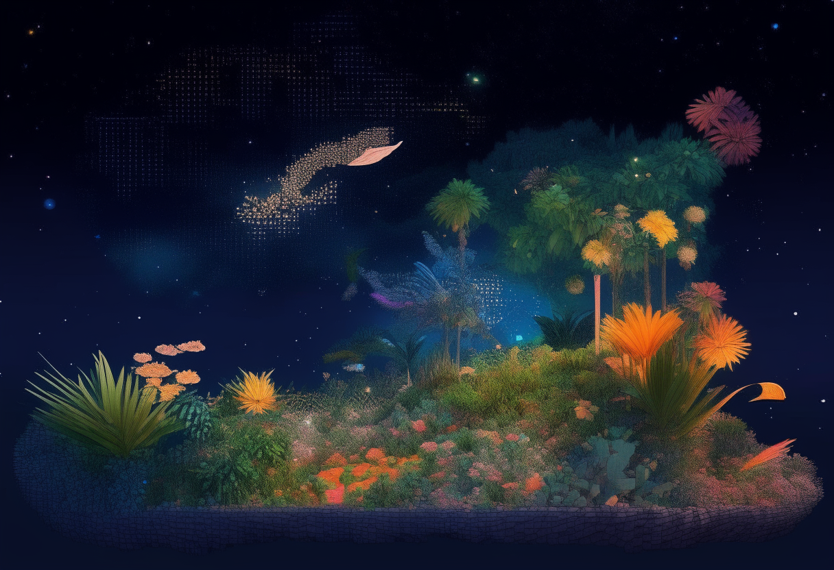 Tropical flora and fauna forming amid pixels and code against an night sky