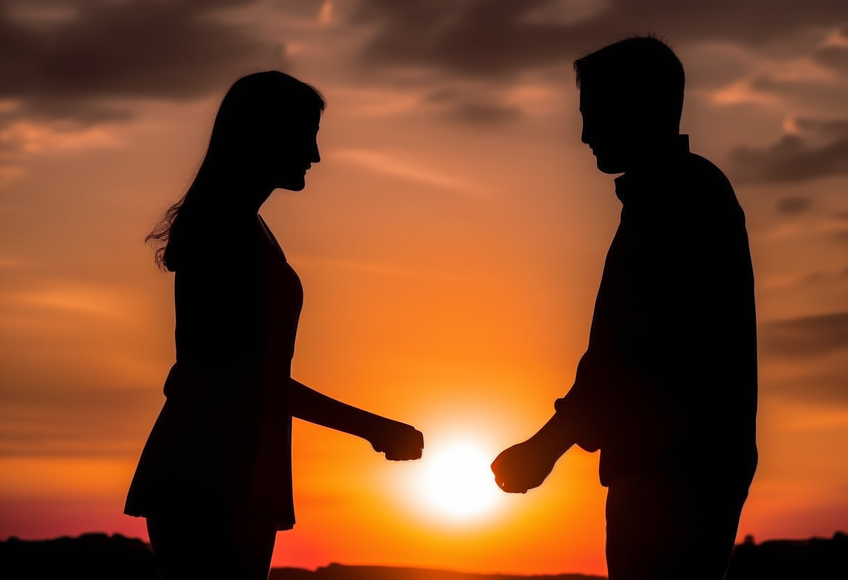 Silhouettes holding hands against a sunset, emphasizing emotional connection