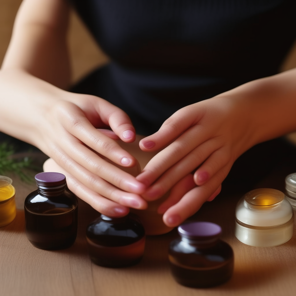 Hands massaging with essential oils, promoting relaxation and stress relief