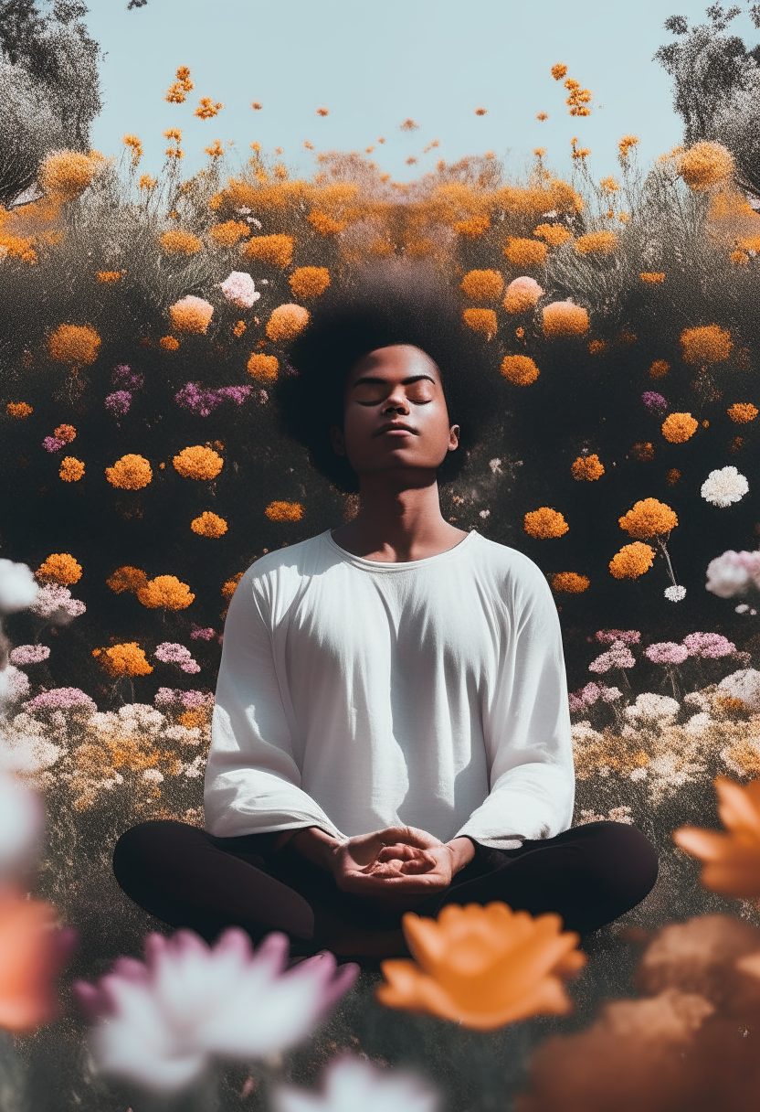 A person meditating as flowers bloom around them, signifying personal growth