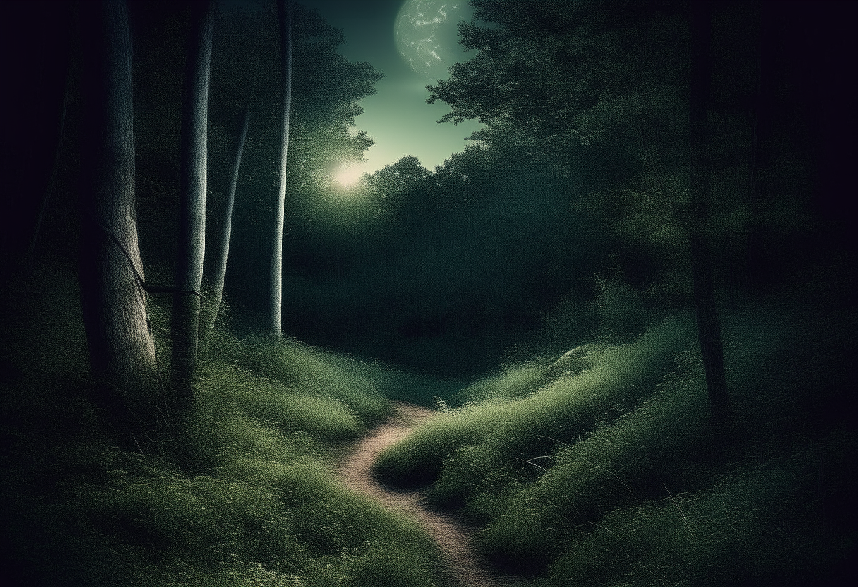 A moonlit forest with a path winding out of view, signifying inner exploration