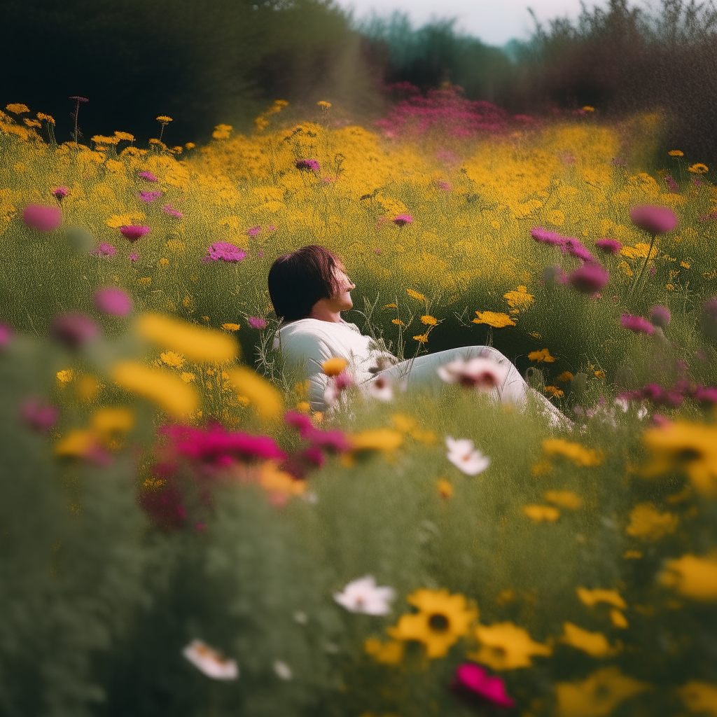 A person relaxing in a field of flowers, surrounded by nature's beauty