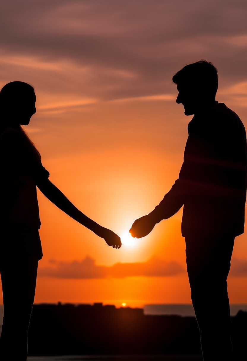 Silhouettes holding hands at sunset, emphasizing emotional connection