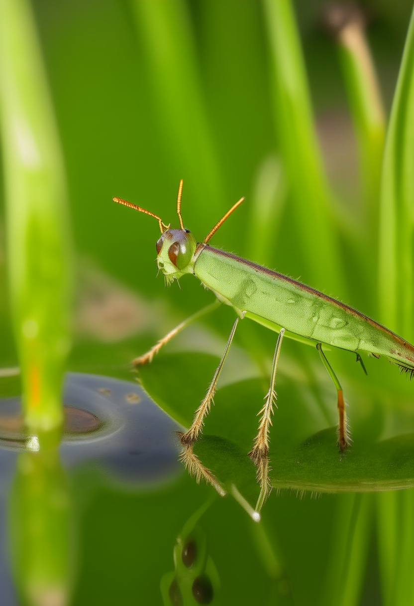 The green grass hooper drinking water