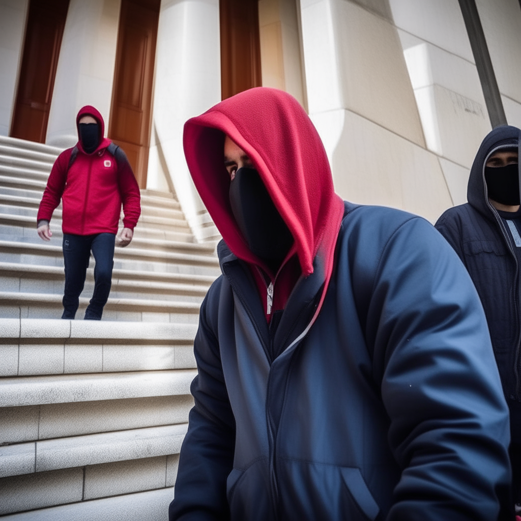 A Turkish rapper with a hooded hooded hooded on it, with a hooded pattern on it, takes the stairs of the courthouse with two police officers.