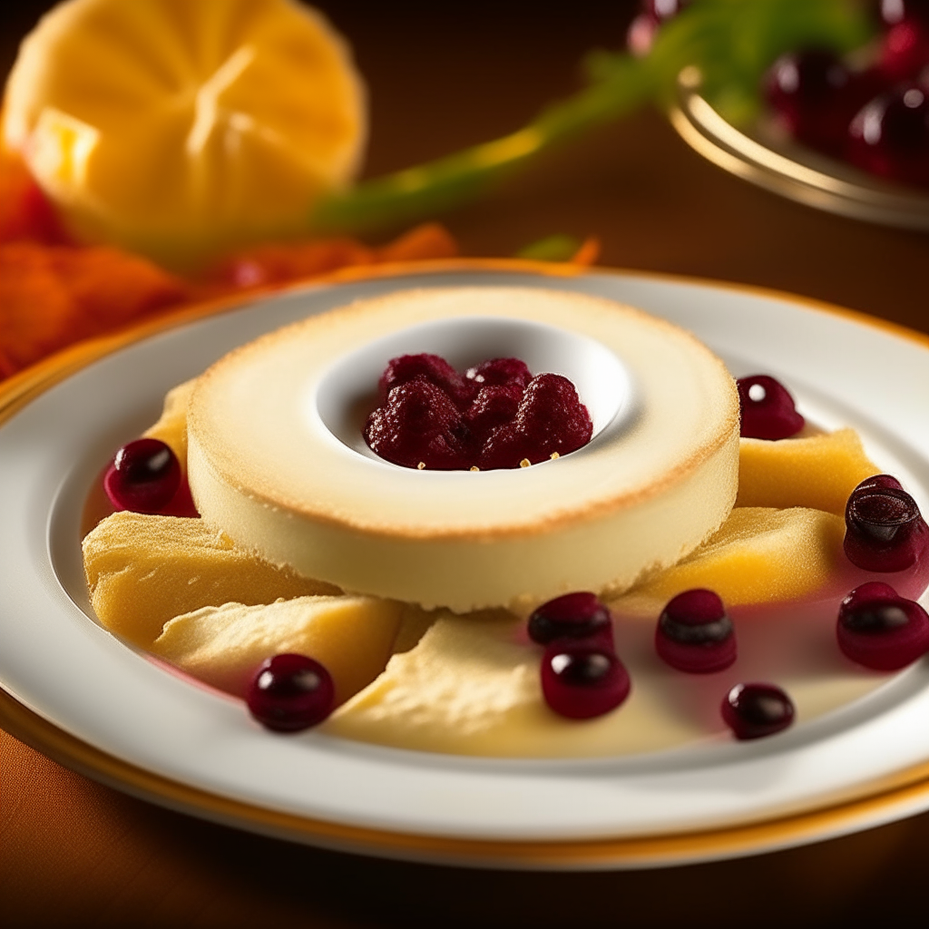 A tantalizing appetizer featuring a wheel of creamy Brie cheese placed centrally on an elegant white serving dish. The Brie is baked to perfection, boasting a golden, slightly crispy exterior, and a molten, gooey center. Drizzled generously over the cheese is a lustrous cranberry sauce, its vibrant red hue contrasting beautifully with the warm, inviting yellows of the Brie. The sauce glistens, with individual cranberries visible, offering tartness that complements the rich, buttery flavor of the cheese. The dish is garnished with a few fresh mint leaves, adding a pop of green and subtle freshness to the aesthetic.