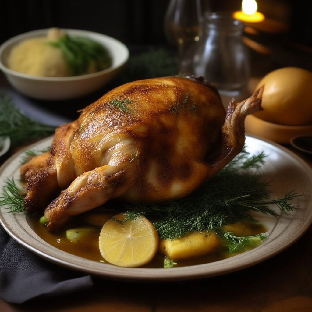 A succulent, golden-brown roast chicken is the centerpiece of a romantic, dimly lit table set for two. The chicken's skin is crispy and beautifully seasoned, glistening under the ambient light. It rests on a bed of fresh herbs and is adorned with slices of lemon and sprigs of rosemary. The accompanying herb butter melts slightly, infusing the meat with rich, aromatic flavors that promise a delightful culinary experience for the celebrating couple.