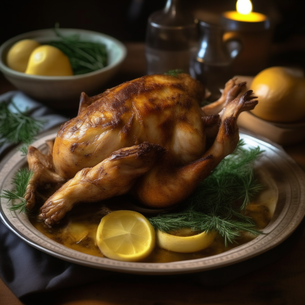 A succulent, golden-brown roast chicken sliced into pieces is the centerpiece of a romantic, dimly lit table set for two. The chicken's skin is crispy and beautifully seasoned, glistening under the ambient light. It rests on a bed of fresh herbs and is adorned with slices of lemon and sprigs of rosemary. The accompanying herb butter melts slightly, infusing the meat with rich, aromatic flavors that promise a delightful culinary experience for the celebrating couple.