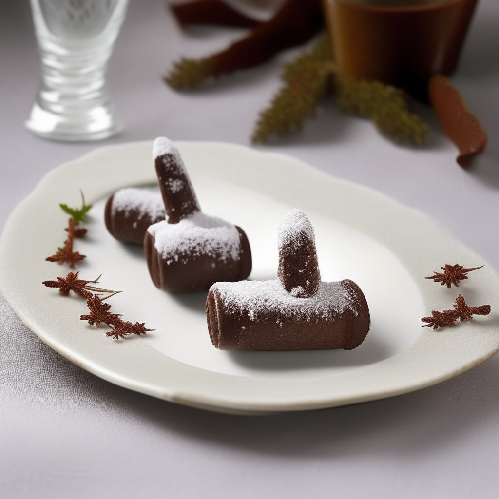 On a rustic yet festive table setting, two Mini Yule Logs sit gracefully on a delicate white porcelain plate. These desserts mimic the appearance of actual Yule logs, with rich, dark chocolate rolled sponge cake representing the bark, and a dusting of powdered sugar to simulate fresh snow. Each log is adorned with small, edible holly decorations, adding a vibrant splash of red and green that enhances the festive aura. The interior reveals a swirl of velvety cream, promising a delightful contrast of textures and flavors.