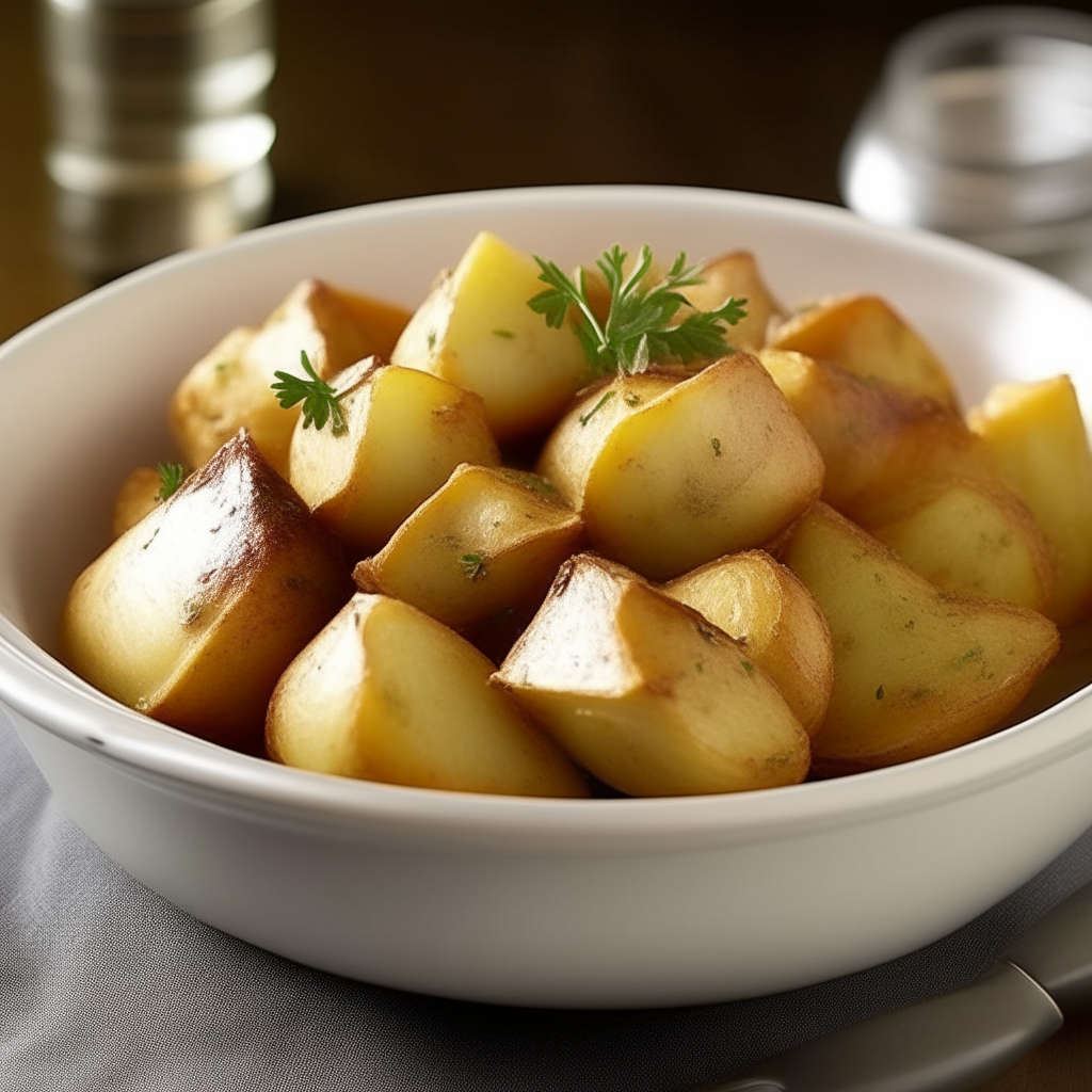 A charming white serving bowl cradles a generous portion of Garlic and Rosemary Roast Potatoes. Each golden-brown potato boasts a crispy exterior that gently gives way to a tender, steaming hot interior. The potatoes are evenly coated with minced garlic and rosemary, presenting an appealing contrast of colors and promising a burst of flavors with every bite. Sprinkled lightly with sea salt, the potatoes glisten subtly, invitingly positioned on a festive table adorned with holiday decorations.