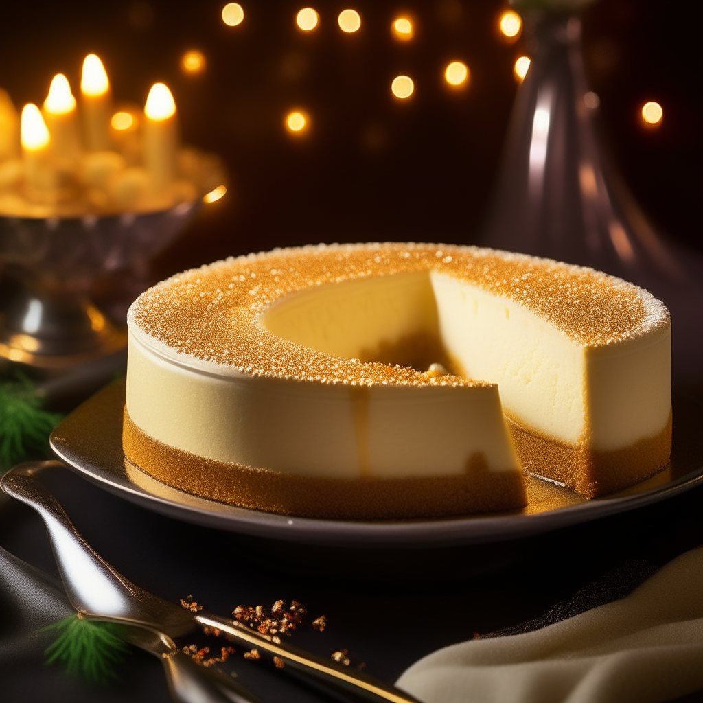 A dreamy, festive Eggnog Cheesecake is showcased against a backdrop of twinkling holiday lights. It rests on a classic porcelain plate, the cheesecake itself embodying the essence of holiday indulgence. With a smooth, creamy eggnog-flavored filling, its top is gently dusted with a sprinkle of nutmeg, and its base consists of a crunchy, buttery graham cracker crust. The cheesecake glistens subtly, exuding elegance and festive cheer, inviting you to delve into its sweet, velvety goodness.