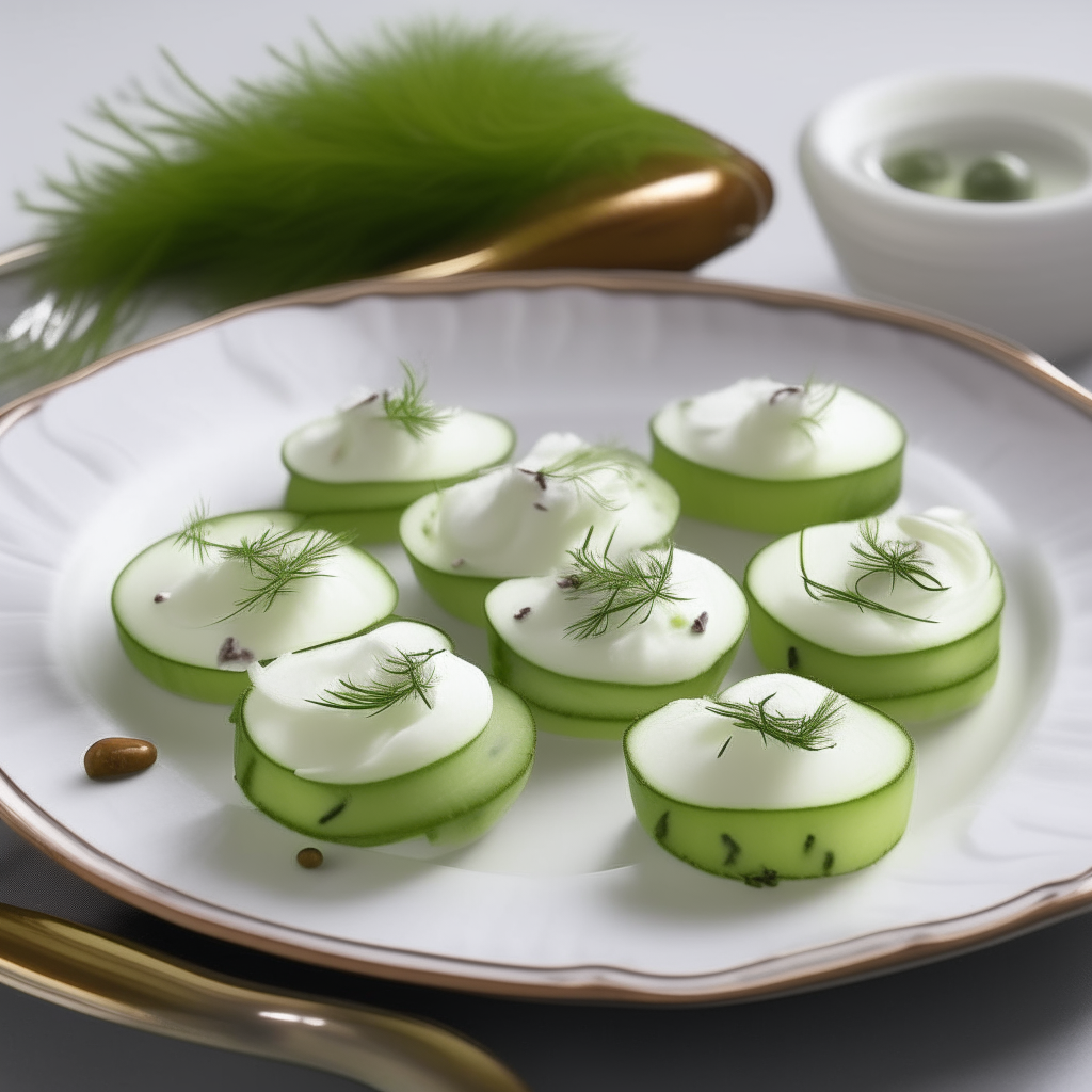 A pristine white platter showcases an array of Cucumber Dill Canapés, radiating elegance and freshness. The canapés consist of crisp, circular pieces of cucumber that serve as the base, topped with a dollop of creamy, white dill-infused cream cheese. Atop each mound of cream cheese sits a fresh sprig of dill and a thin slice of radish, adding a subtle hint of peppery flavor and a vibrant pop of color. The arrangement is cool and refreshing, with a sophisticated aesthetic that's perfect for an intimate, upscale home gathering.