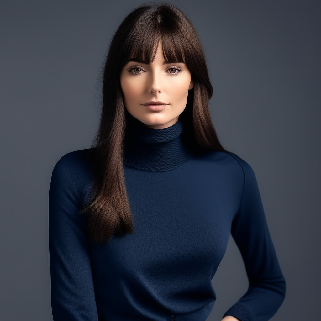 the woman from image 1 wearing a long sleeve navy top and fitted pants, straight hair with side bangs and silver eyeshadow, looking her best as a True Winter