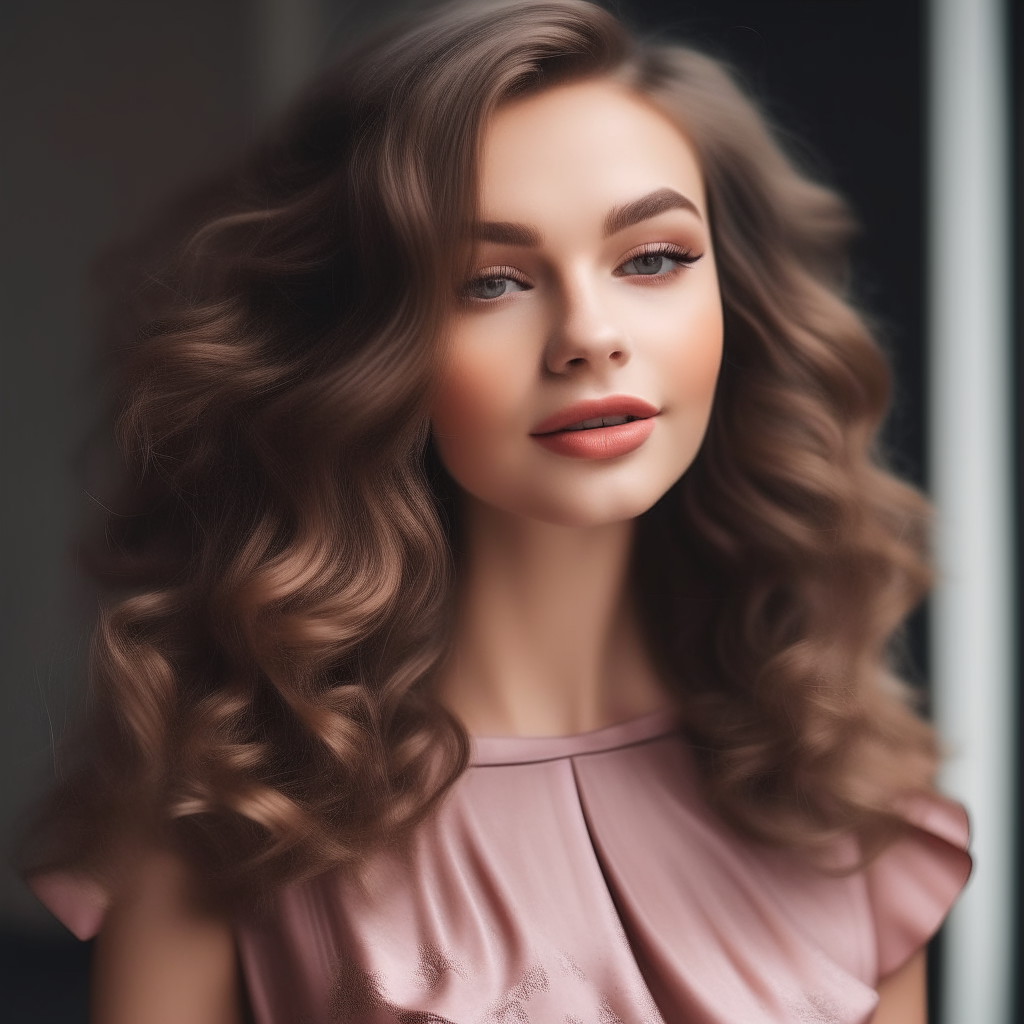 the woman from image 1 wearing a fitted midi dress, loose waves in her hair and soft pink lipstick, looking her best as a Soft Natural