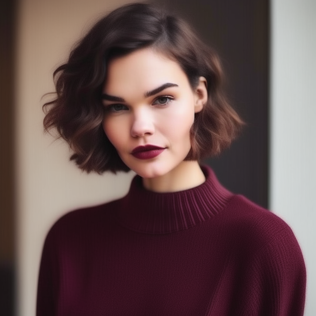 the woman from image 1 in a v-neck burgundy sweater and skirt, wavy bob haircut with nude lipgloss, looking her best as a Soft Winter