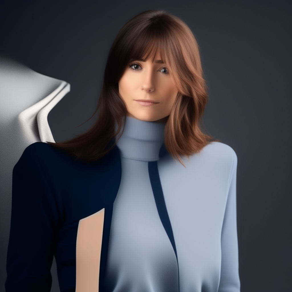 the woman from media:image-1 wearing a long sleeve navy top and fitted pants, straight hair with side bangs and silver eyeshadow, looking her best as a True Winter