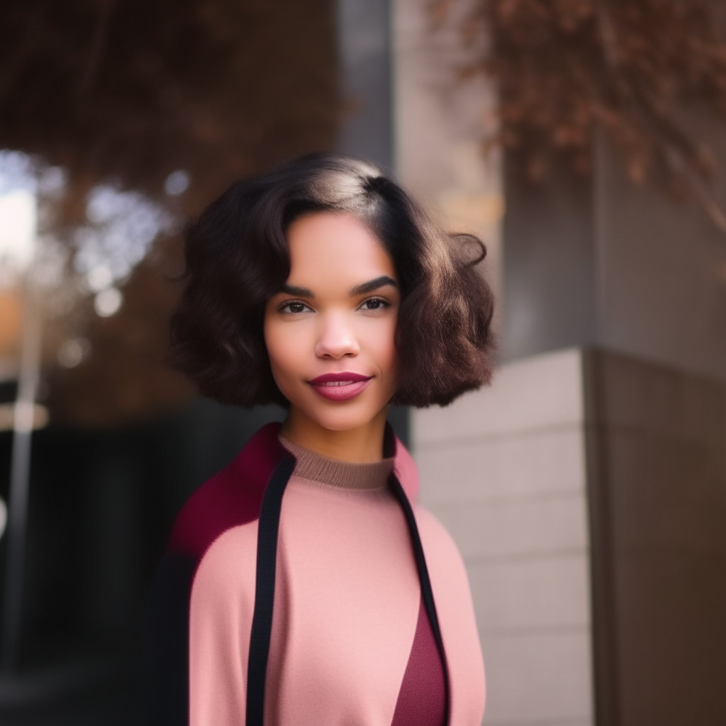 the woman from media:image-1 in a v-neck burgundy sweater and skirt, wavy bob haircut with nude lipgloss, looking her best as a Soft Winter