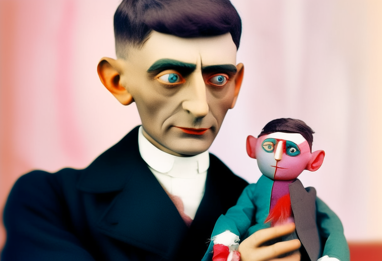 Franz Kafka with a cute doll, colorful