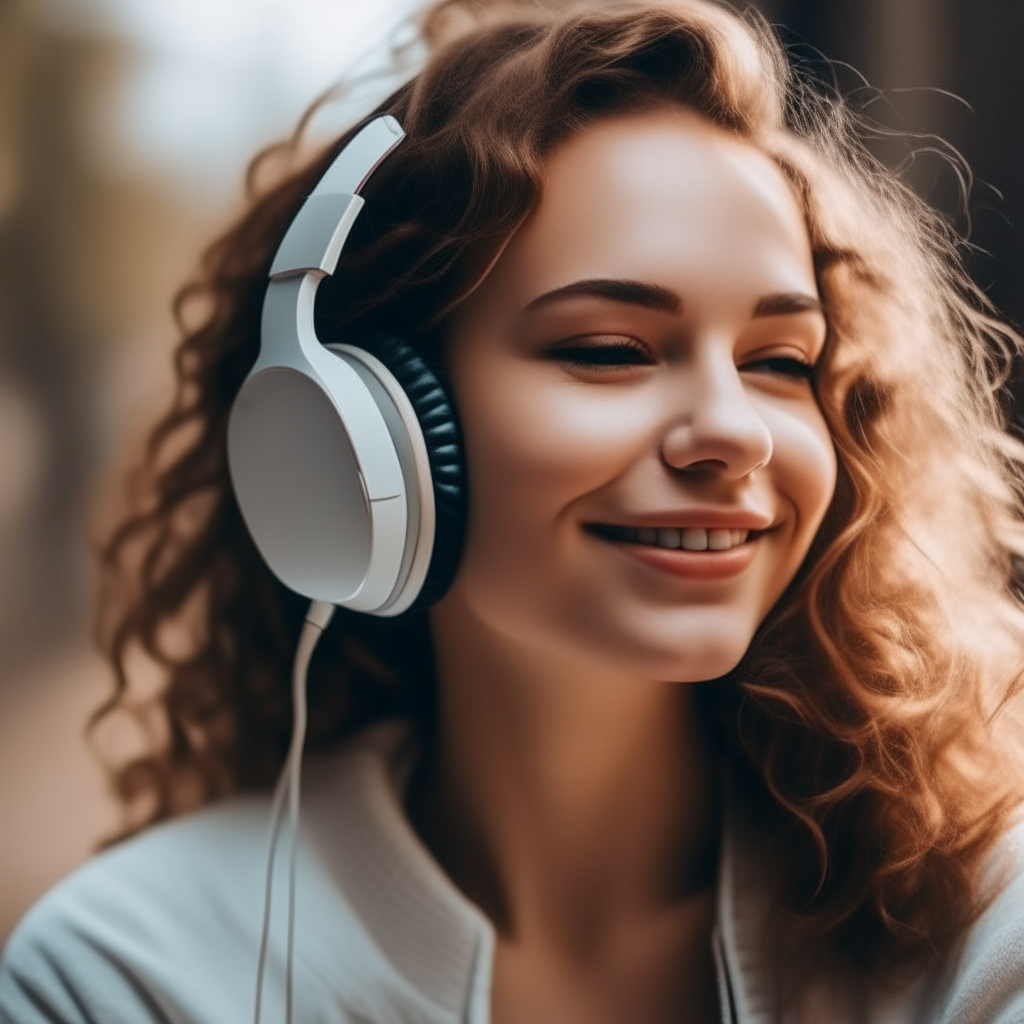 Beautiful woman listening to music through headphones, she is smiling